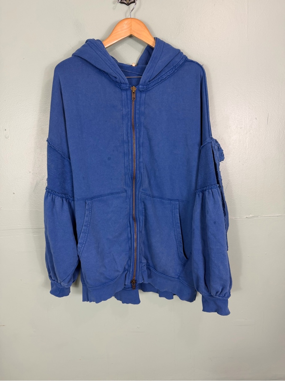 Free People Bow Girl Sweatshirt Hoodie Zip Up Blue Large